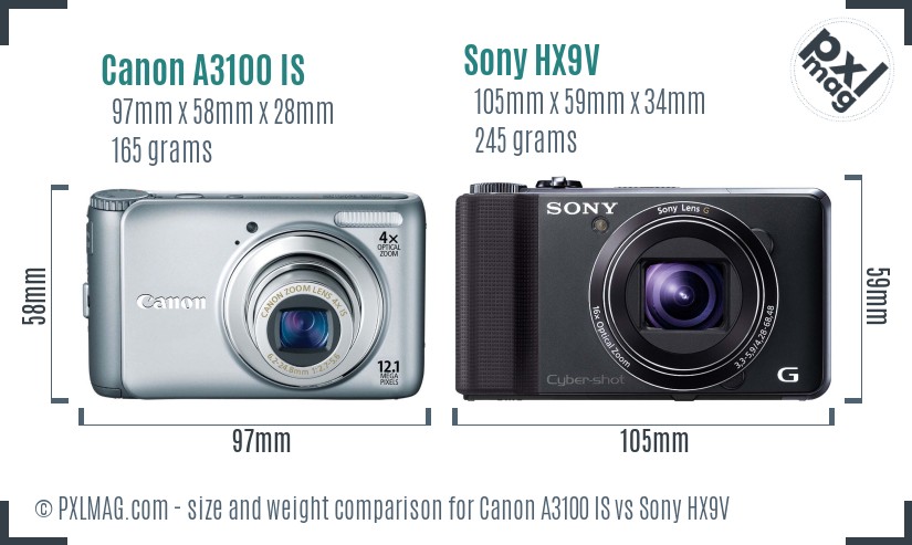 Canon A3100 IS vs Sony HX9V size comparison