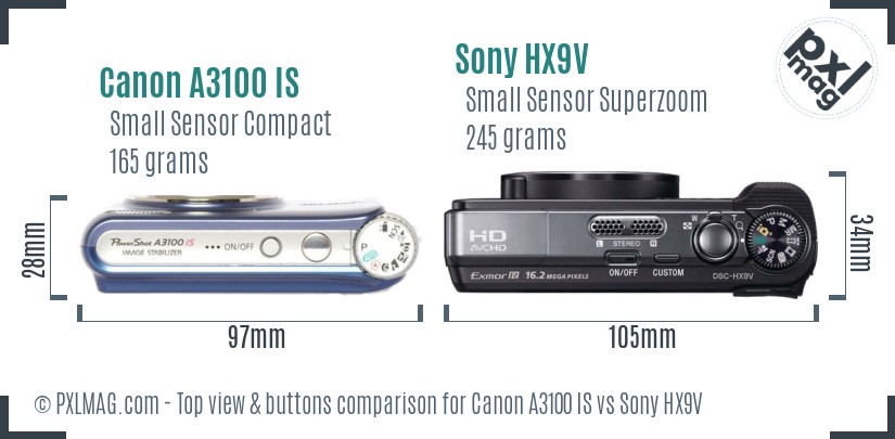 Canon A3100 IS vs Sony HX9V top view buttons comparison