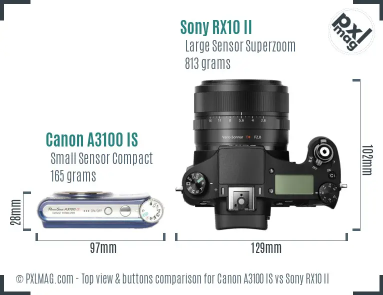 Canon A3100 IS vs Sony RX10 II top view buttons comparison