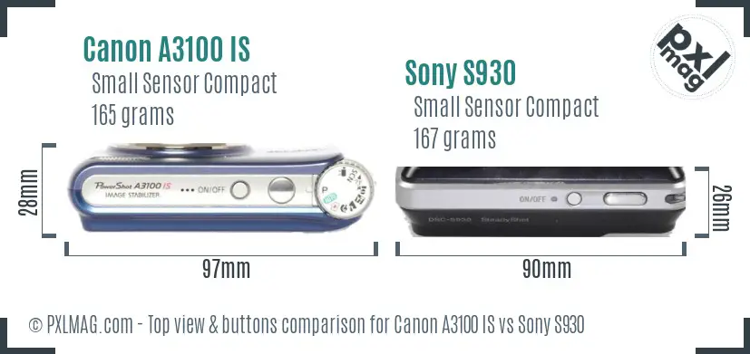 Canon A3100 IS vs Sony S930 top view buttons comparison