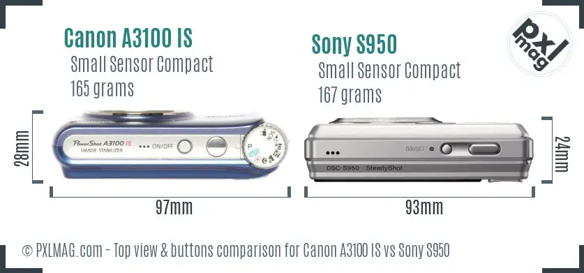 Canon A3100 IS vs Sony S950 top view buttons comparison