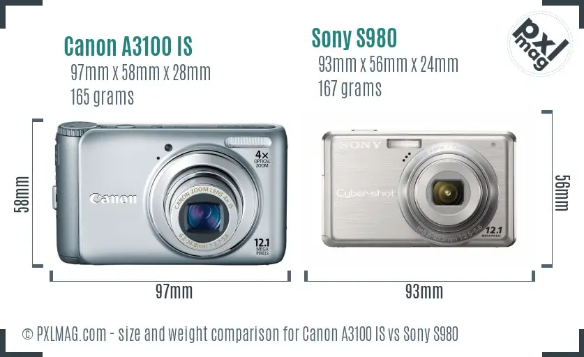 Canon A3100 IS vs Sony S980 size comparison