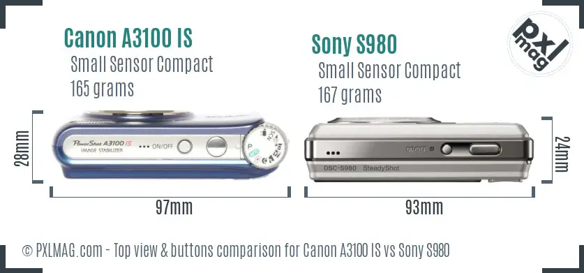 Canon A3100 IS vs Sony S980 top view buttons comparison