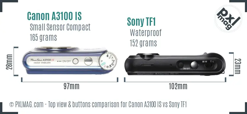 Canon A3100 IS vs Sony TF1 top view buttons comparison Canon A3100 IS vs Sony TF1 top view buttons comparison
