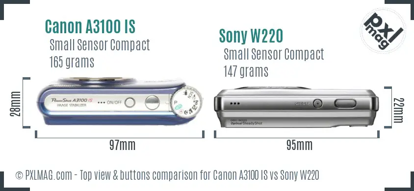 Canon A3100 IS vs Sony W220 top view buttons comparison