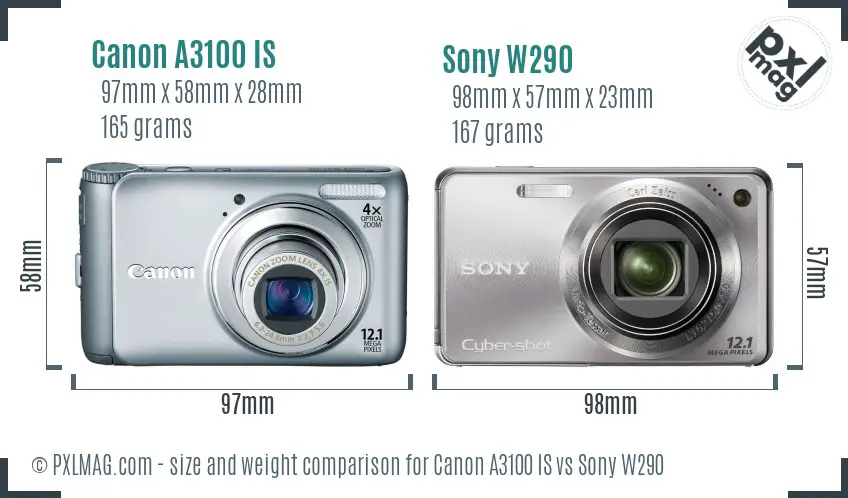 Canon A3100 IS vs Sony W290 size comparison