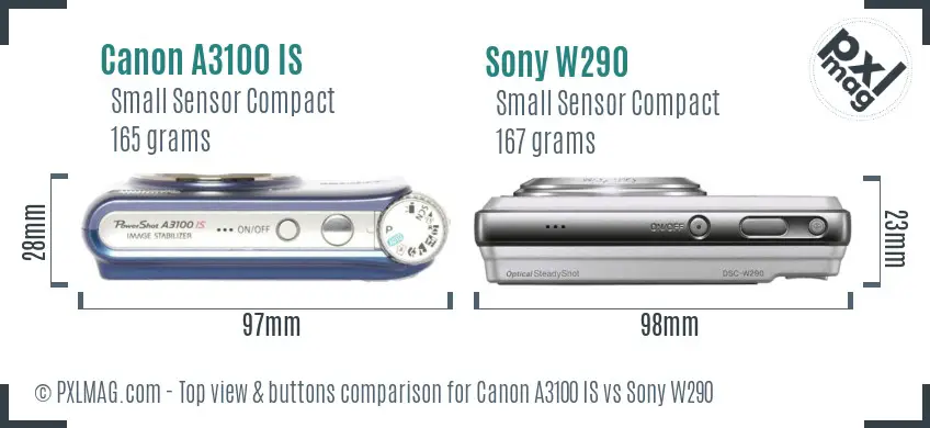Canon A3100 IS vs Sony W290 top view buttons comparison