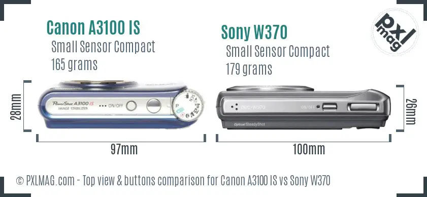 Canon A3100 IS vs Sony W370 top view buttons comparison