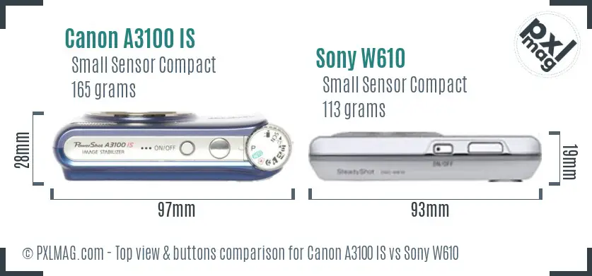 Canon A3100 IS vs Sony W610 top view buttons comparison Canon A3100 IS vs Sony W610 top view buttons comparison
