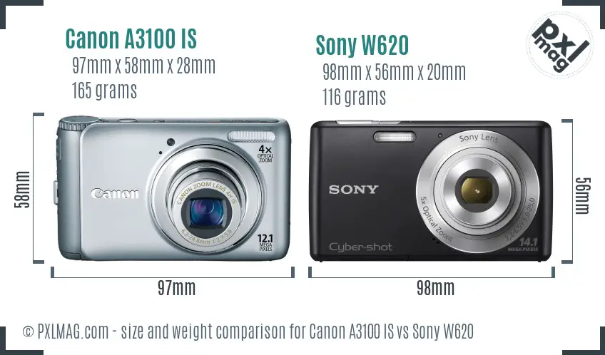 Canon A3100 IS vs Sony W620 size comparison Canon A3100 IS vs Sony W620 size comparison