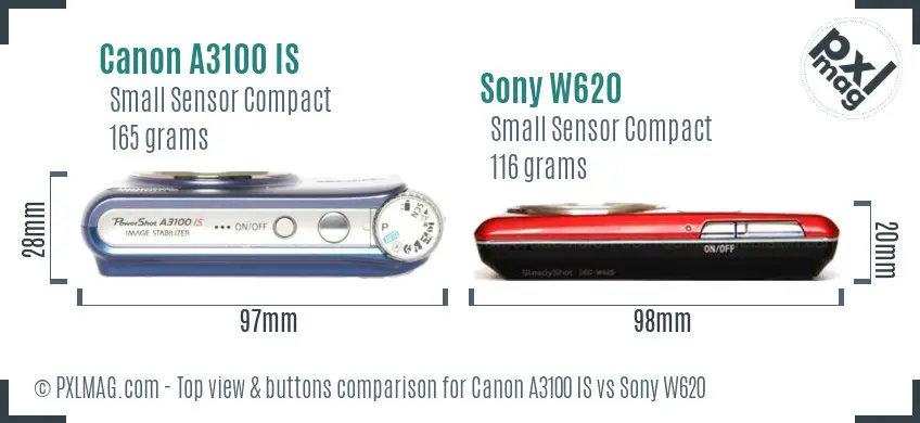 Canon A3100 IS vs Sony W620 top view buttons comparison Canon A3100 IS vs Sony W620 top view buttons comparison