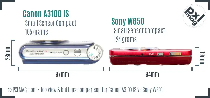 Canon A3100 IS vs Sony W650 top view buttons comparison