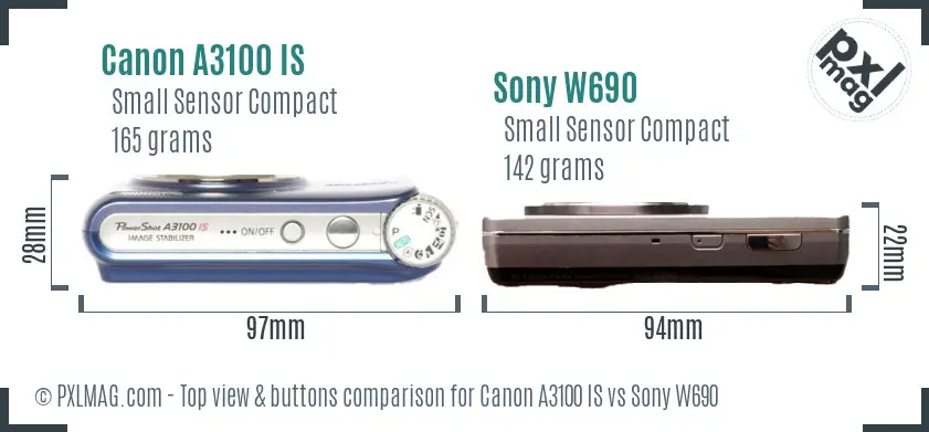 Canon A3100 IS vs Sony W690 top view buttons comparison Canon A3100 IS vs Sony W690 top view buttons comparison