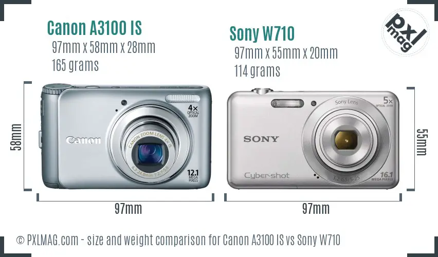 Canon A3100 IS vs Sony W710 size comparison