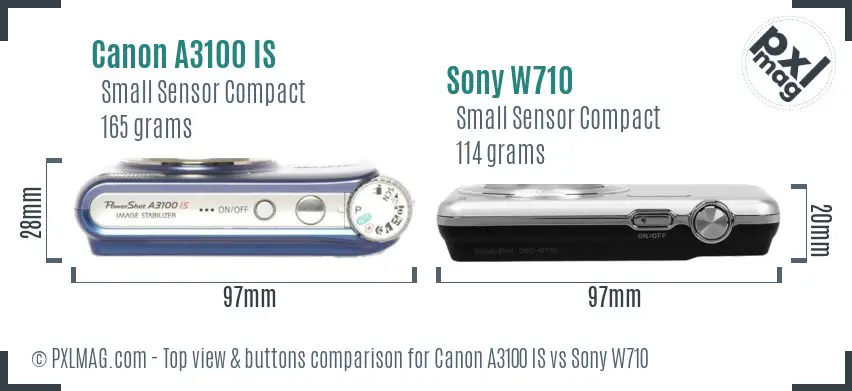 Canon A3100 IS vs Sony W710 top view buttons comparison