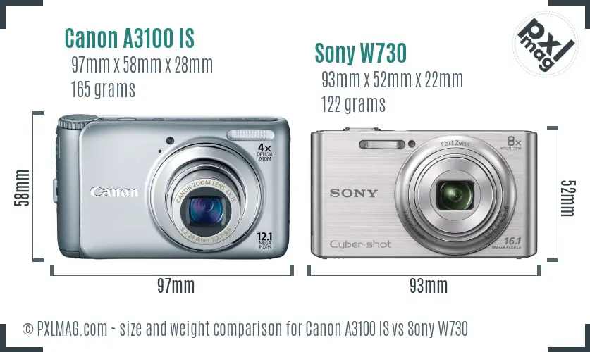 Canon A3100 IS vs Sony W730 size comparison