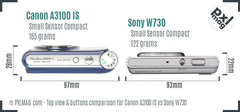 Canon A3100 IS vs Sony W730 top view buttons comparison