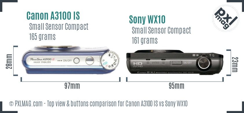 Canon A3100 IS vs Sony WX10 top view buttons comparison