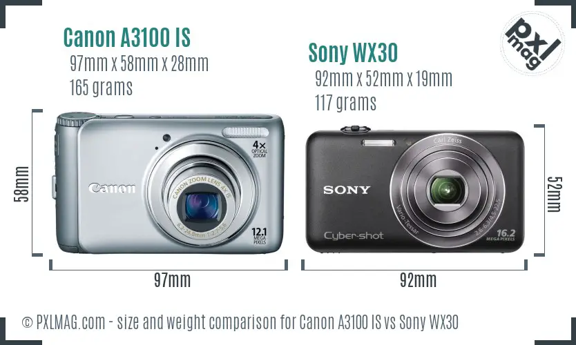 Canon A3100 IS vs Sony WX30 size comparison