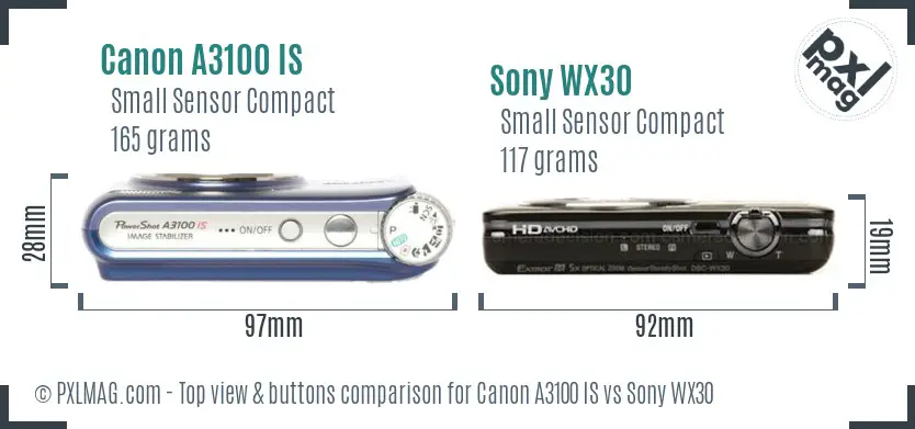 Canon A3100 IS vs Sony WX30 top view buttons comparison