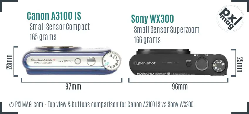 Canon A3100 IS vs Sony WX300 top view buttons comparison