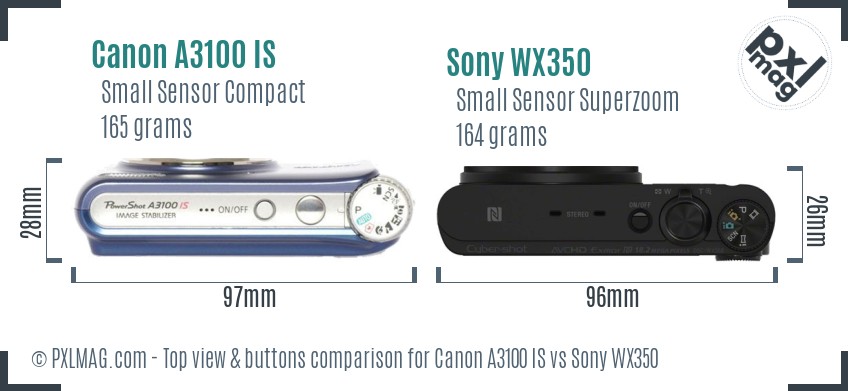 Canon A3100 IS vs Sony WX350 top view buttons comparison
