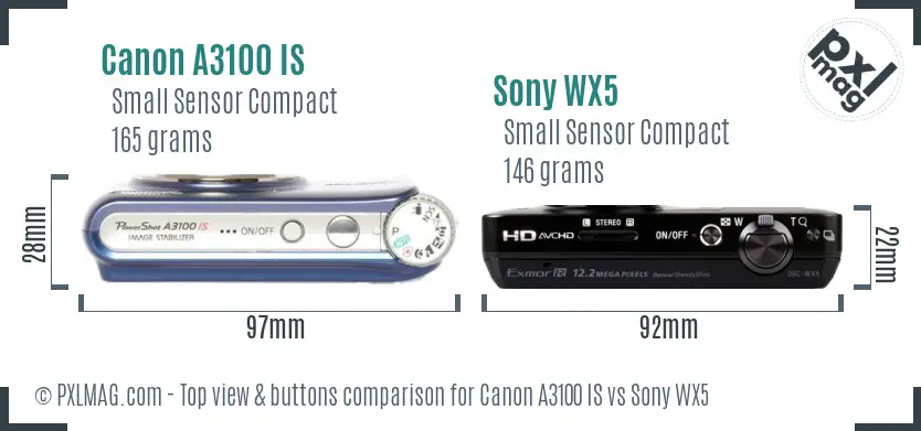 Canon A3100 IS vs Sony WX5 top view buttons comparison