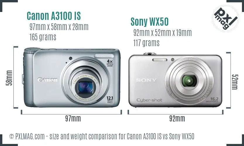 Canon A3100 IS vs Sony WX50 size comparison
