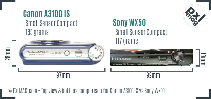 Canon A3100 IS vs Sony WX50 top view buttons comparison