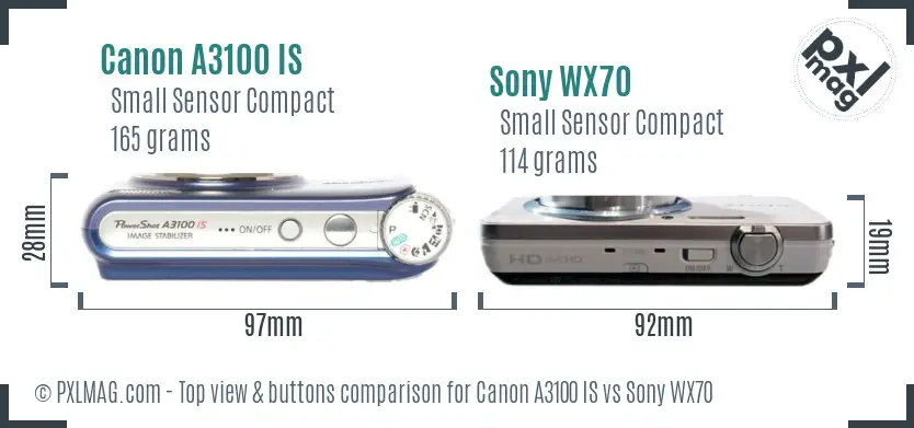 Canon A3100 IS vs Sony WX70 top view buttons comparison