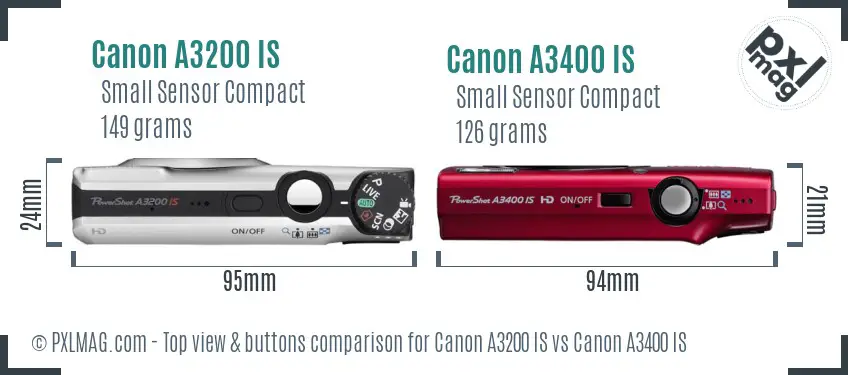 Canon A3200 IS vs Canon A3400 IS top view buttons comparison