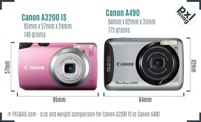Canon A3200 IS vs Canon A490 size comparison