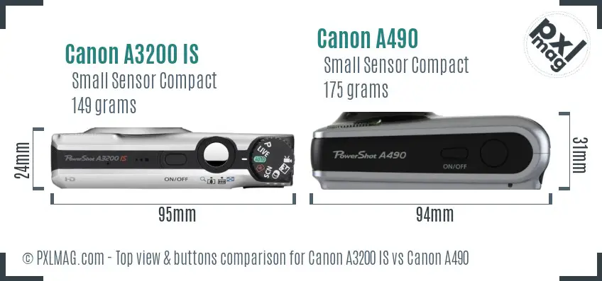 Canon A3200 IS vs Canon A490 top view buttons comparison