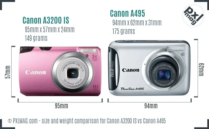 Canon A3200 IS vs Canon A495 size comparison