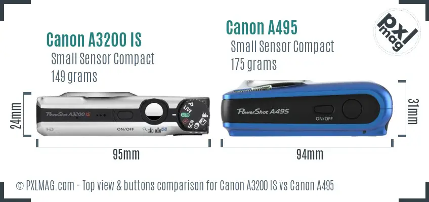 Canon A3200 IS vs Canon A495 top view buttons comparison