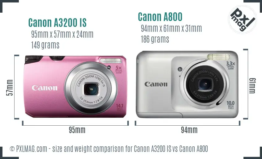 Canon A3200 IS vs Canon A800 size comparison