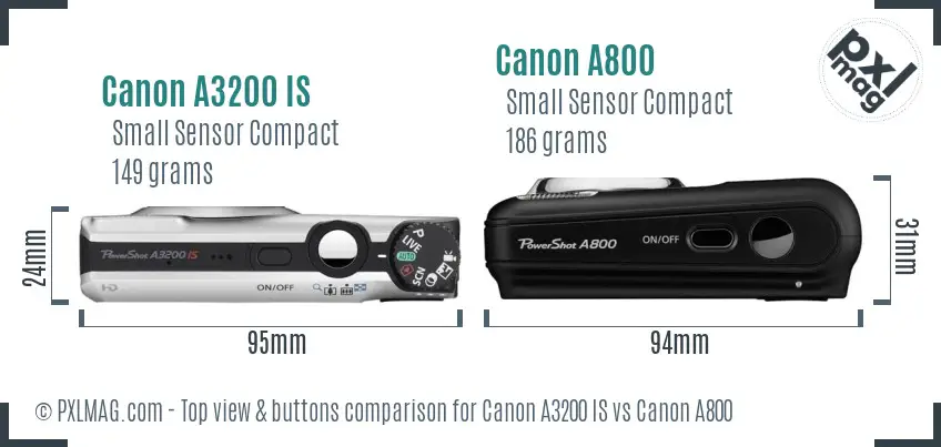 Canon A3200 IS vs Canon A800 top view buttons comparison
