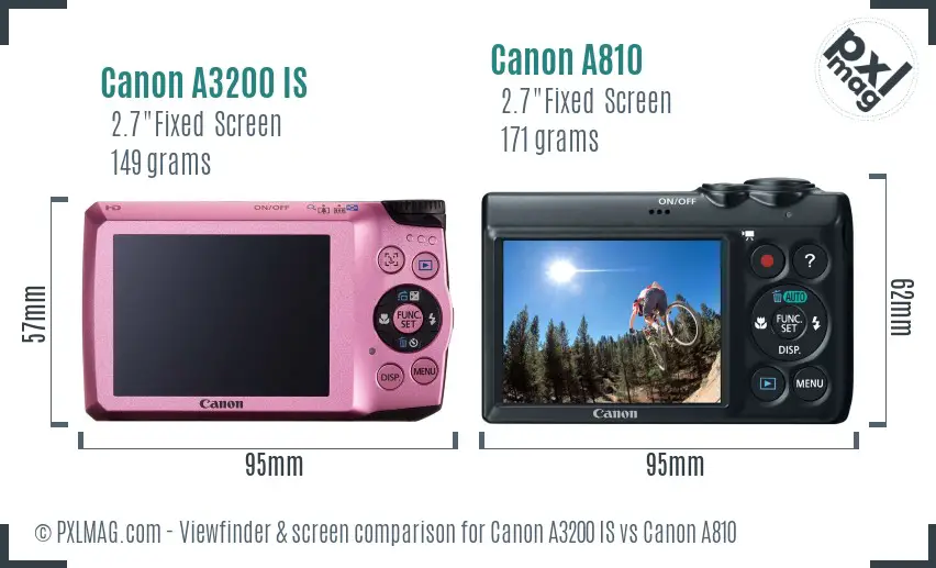 Canon A3200 IS vs Canon A810 Screen and Viewfinder comparison