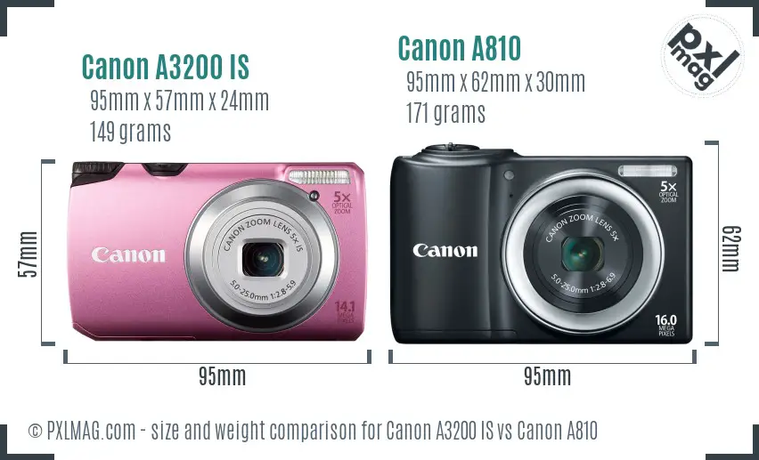 Canon A3200 IS vs Canon A810 size comparison
