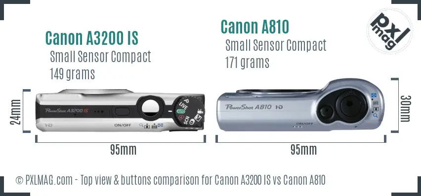 Canon A3200 IS vs Canon A810 top view buttons comparison