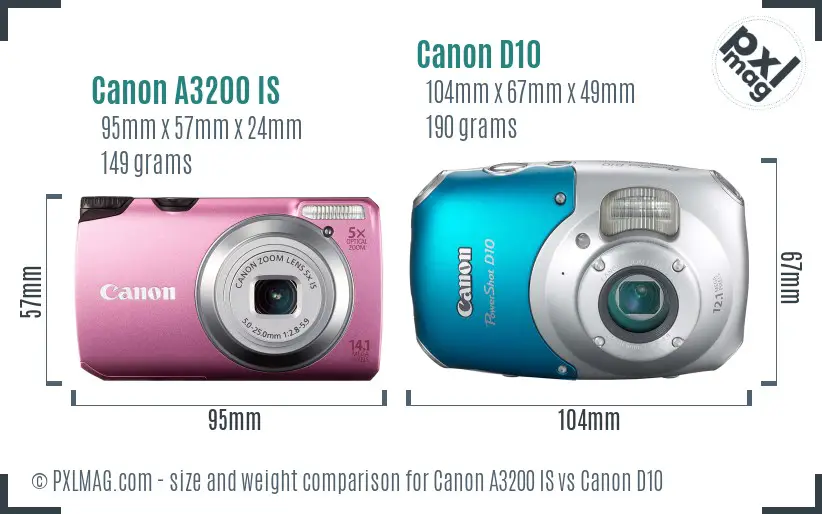 Canon A3200 IS vs Canon D10 size comparison