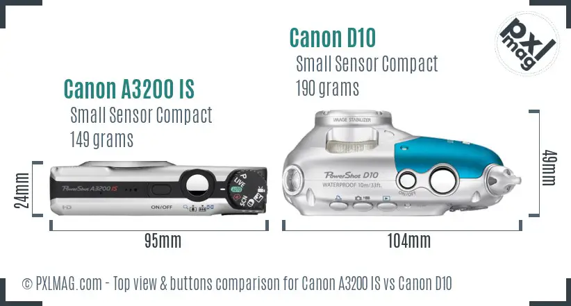Canon A3200 IS vs Canon D10 top view buttons comparison