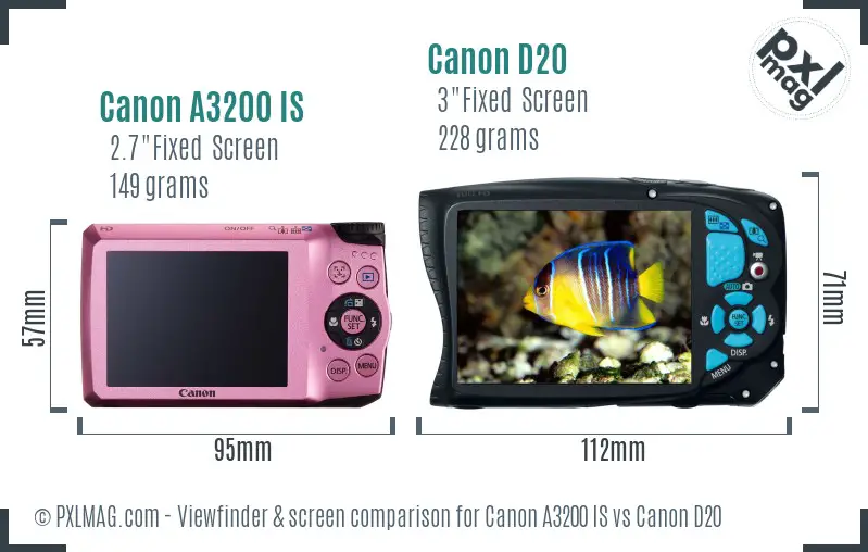 Canon A3200 IS vs Canon D20 Screen and Viewfinder comparison