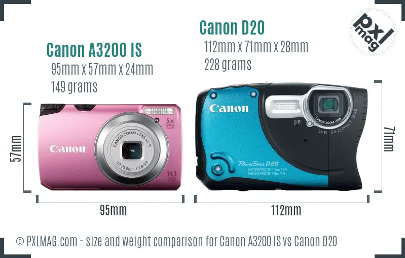 Canon A3200 IS vs Canon D20 size comparison