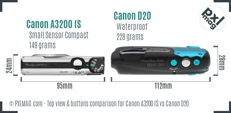 Canon A3200 IS vs Canon D20 top view buttons comparison