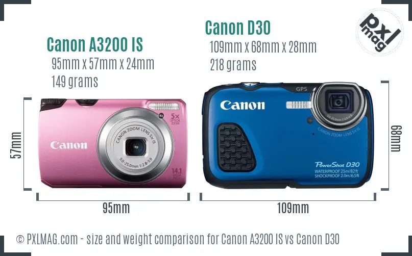 Canon A3200 IS vs Canon D30 size comparison