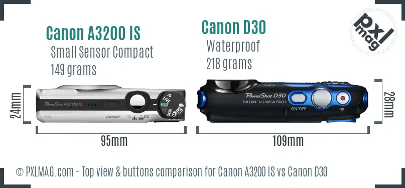 Canon A3200 IS vs Canon D30 top view buttons comparison