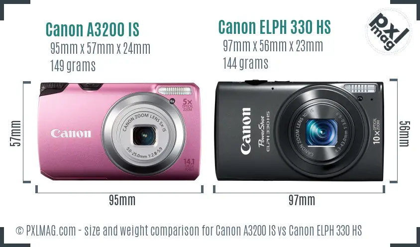 Canon A3200 IS vs Canon ELPH 330 HS size comparison