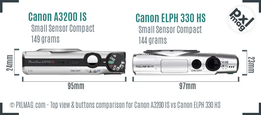 Canon A3200 IS vs Canon ELPH 330 HS top view buttons comparison