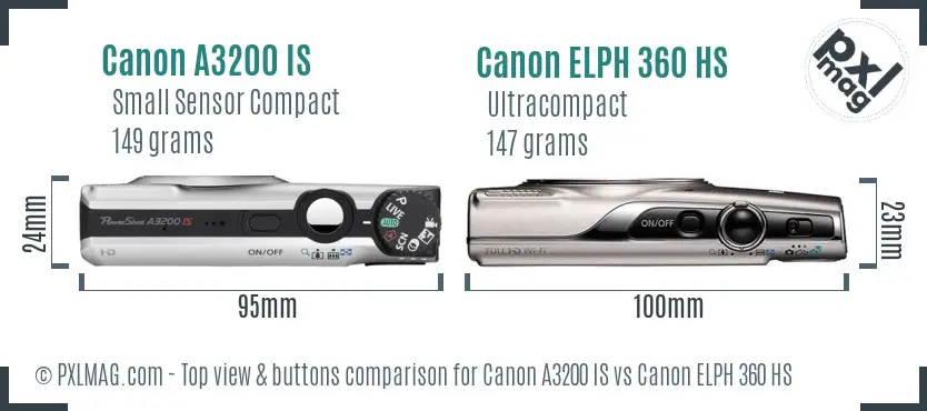 Canon A3200 IS vs Canon ELPH 360 HS top view buttons comparison